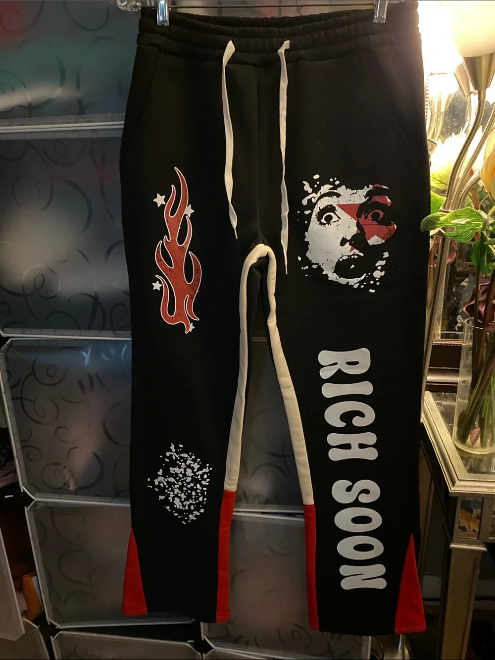 NWOT, Young Men Black Graphic Sweatpants with Red Accents